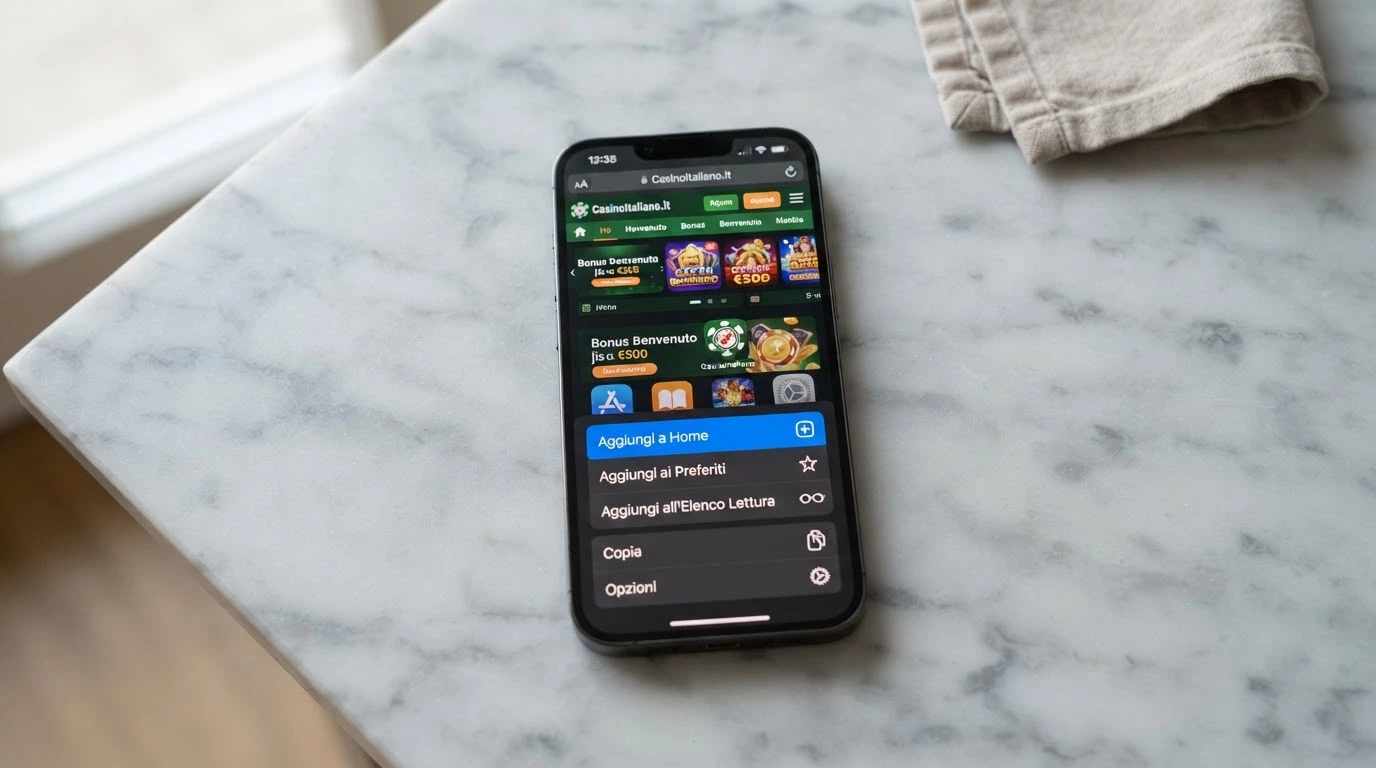 iPhone con Safari aperto sul sito mobile di un casinò ADM, con il menu «Aggiungi a Home» visibile e l'icona dell'app web già nella schermata home