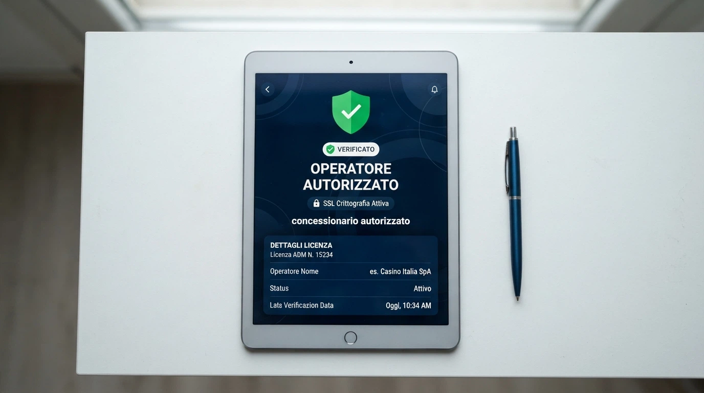 Primo piano del logo ADM e del numero di concessione su un'interfaccia di verifica, con il lucchetto SSL e la dicitura «concessionario autorizzato» visibili