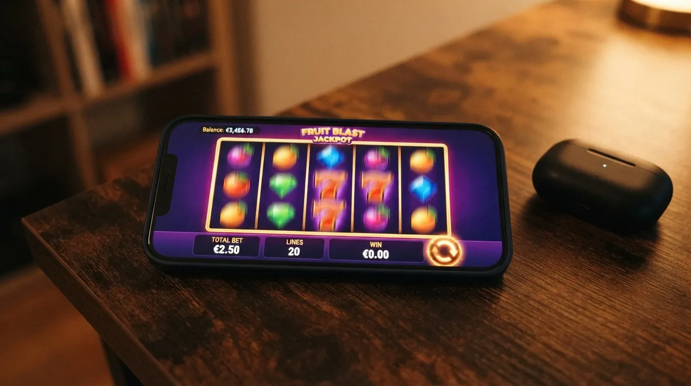 Smartphone in orizzontale con una slot machine ad alto RTP in esecuzione, rulli in movimento, interfaccia di puntata visibile e indicatore del saldo in euro